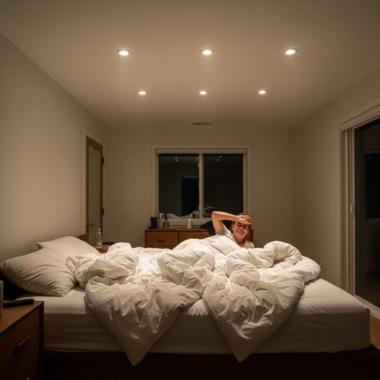 A person in bed shields their eyes from sudden bright overhead recessed lights illuminating a bedroom at night.