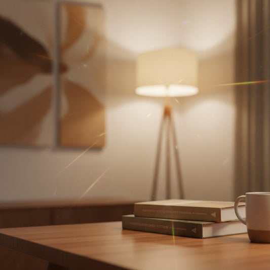 An out-of-focus view of a cozy study features a wooden desk with books and a mug against a background of warm ambient lighting.