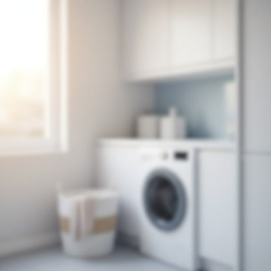 Soft sunlight floods a blurry white room containing indistinct cabinetry and a woven basket. The image features low contrast and heavy blur to serve as a neutral background.