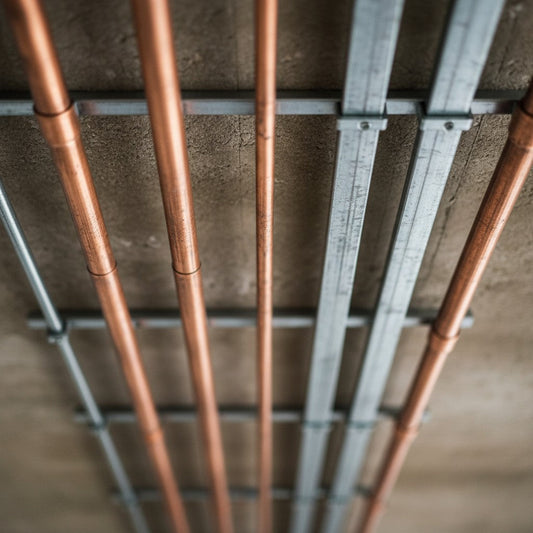 Parallel lines of copper plumbing pipes and galvanized steel electrical conduits run along a raw concrete ceiling. The view uses a shallow depth of field to create a soft, abstract gradient of warm metal and cool grey tones.