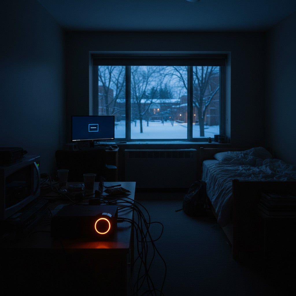 Small colored lights from a gaming console, microwave, and monitor illuminate a dark, empty residence hall room with snow visible through the window.