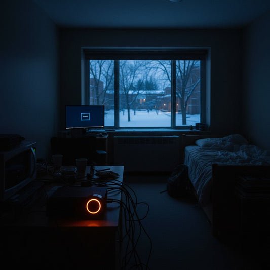 Small colored lights from a gaming console, microwave, and monitor illuminate a dark, empty residence hall room with snow visible through the window.