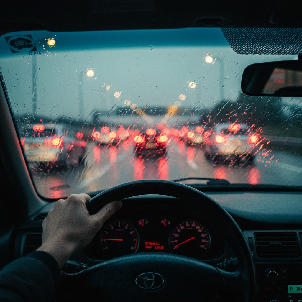 A driver's hand tightly grips the leather steering wheel inside a car while stopped in heavy highway traffic at dusk. Rain streaks the windshield, blurring the red brake lights of vehicles ahead.