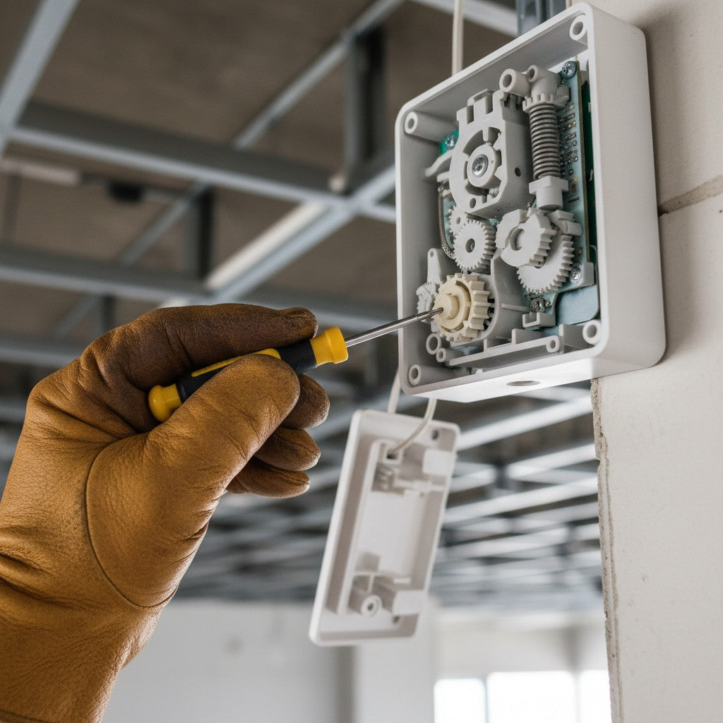A gloved hand uses a precision screwdriver to turn a small plastic dial inside an open wall-mounted motion sensor housing.