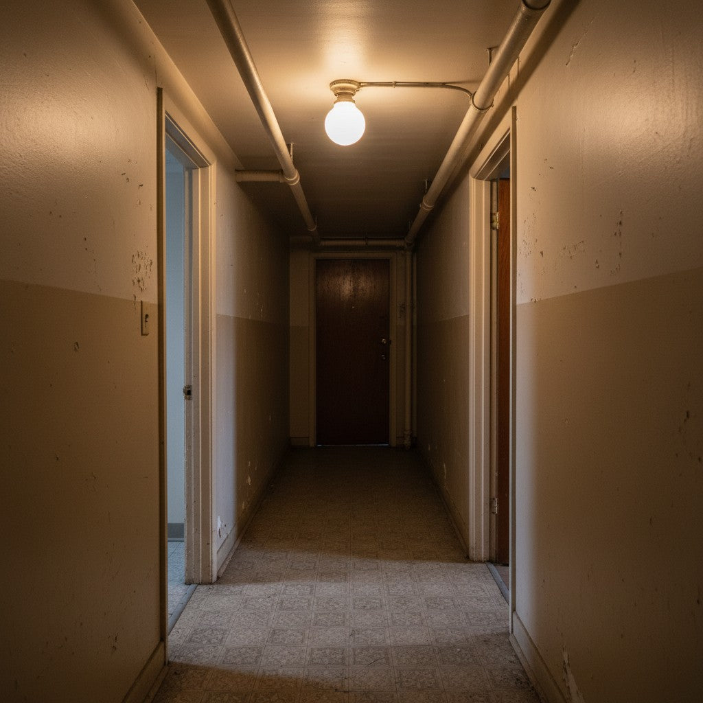 A single warm overhead light illuminates an empty hallway in an older basement with uneven plaster walls and painted concrete floors. Long shadows stretch down the corridor, emphasizing the lack of activity while the light remains active.