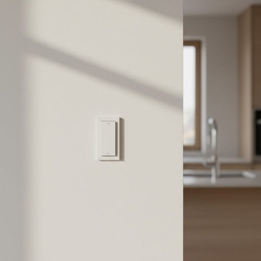 A matte white motion sensor switch sits flush against a warm white wall illuminated by natural morning light. The screwless wall plate blends with the painted surface while a blurred kitchen is visible in the background.