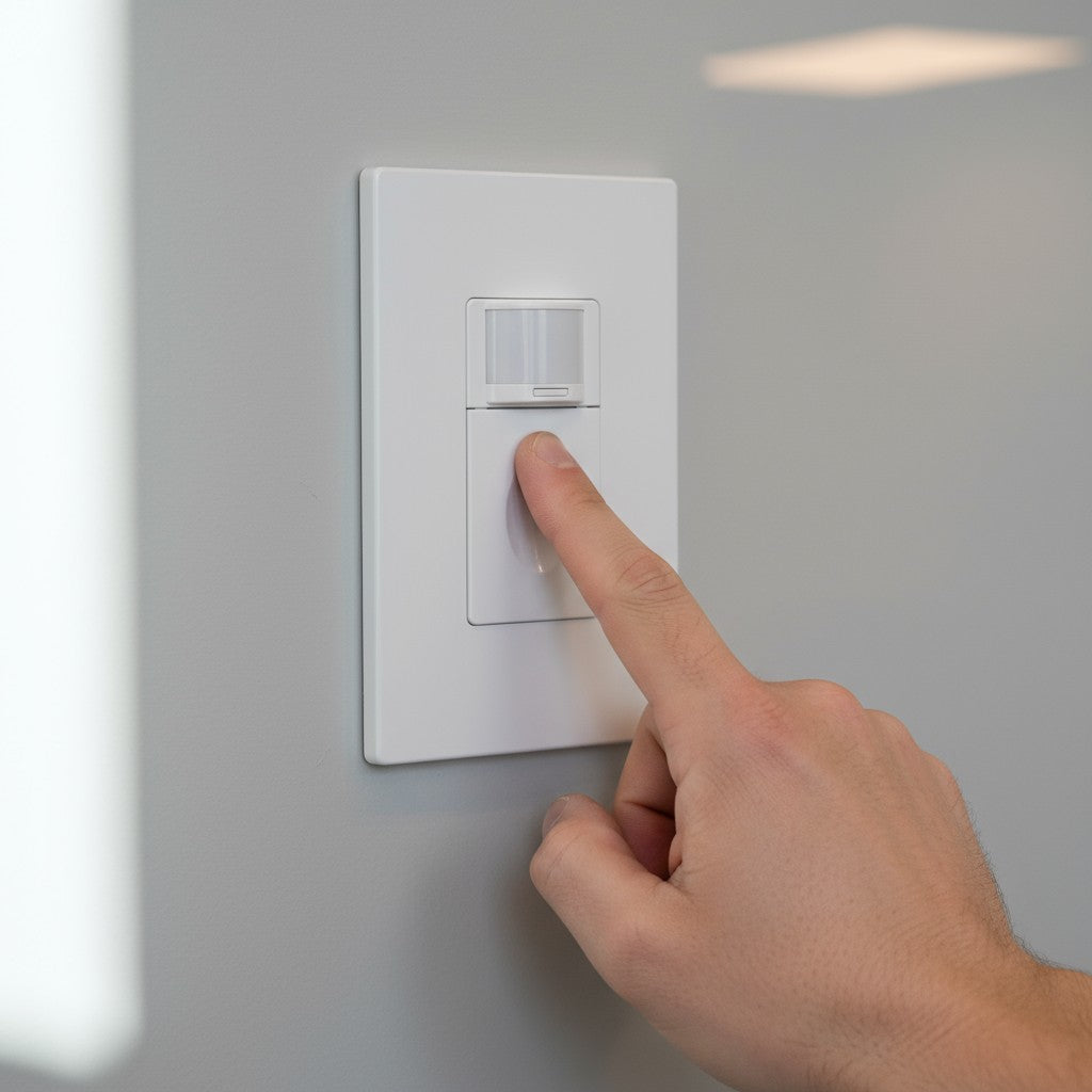 A close-up view shows a person's index finger pressing the large paddle button on a white motion sensor wall switch mounted on a light-gray wall.