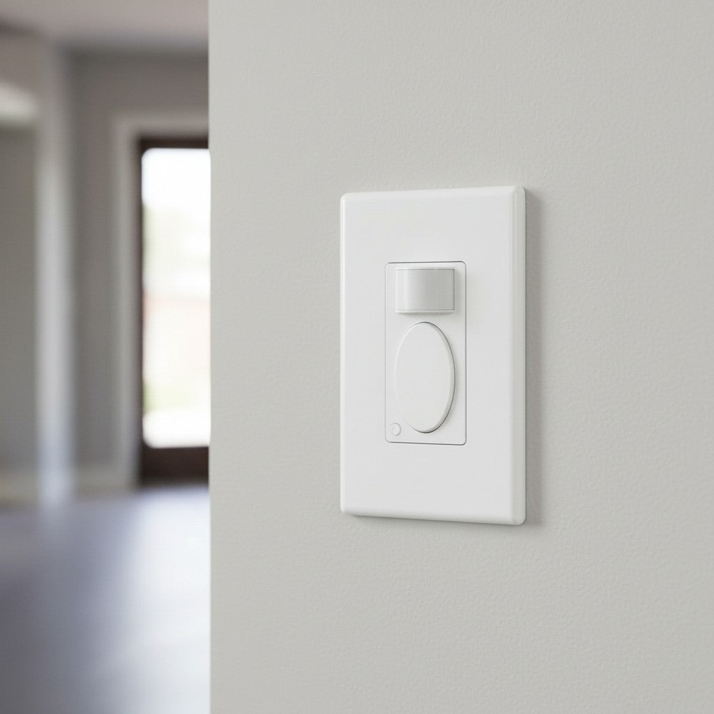 A modern white light switch with a rectangular motion sensor window is mounted on a painted grey wall near a doorway.