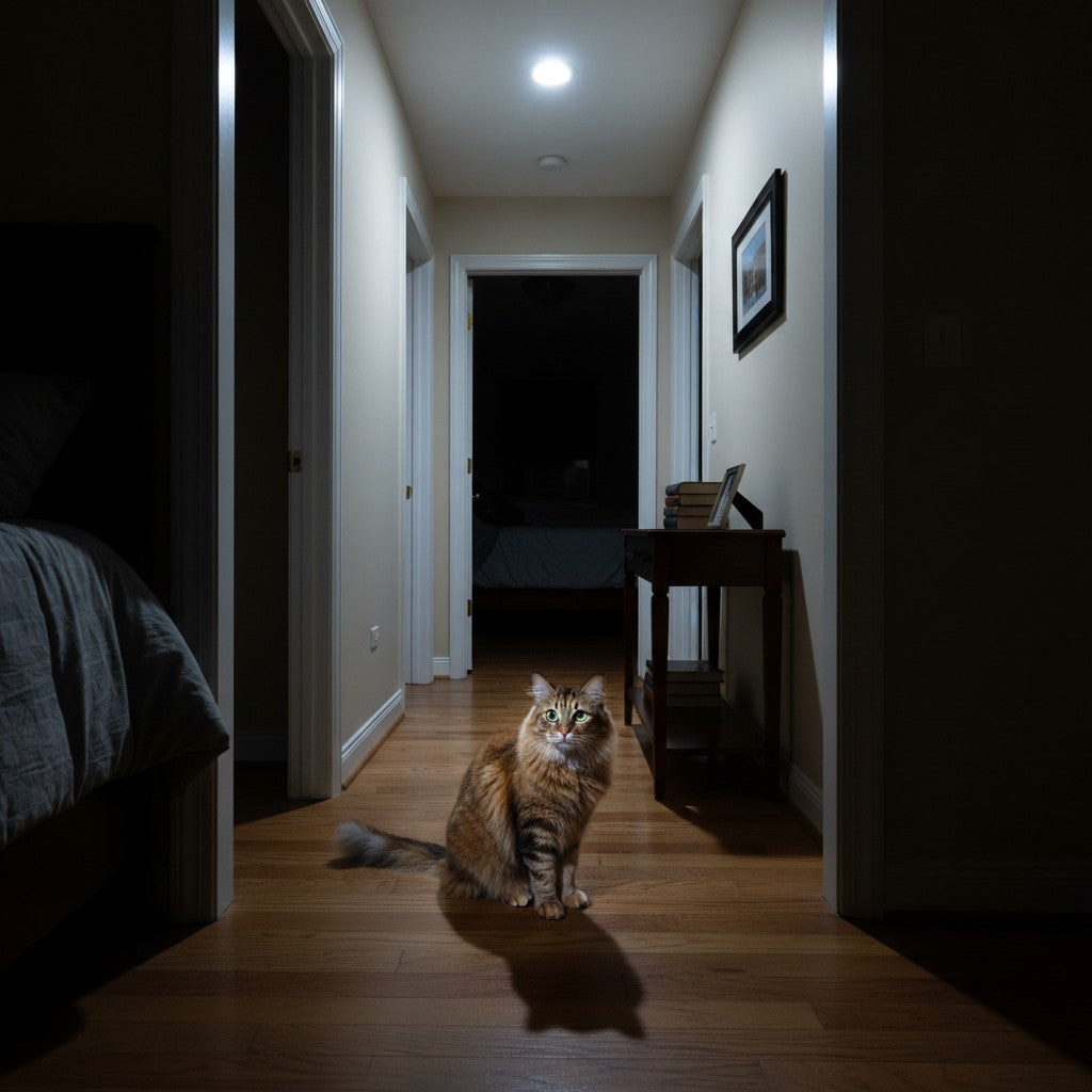 A tabby cat sits on a hardwood floor in a domestic hallway illuminated by harsh, cool-white overhead LED lighting while surrounding rooms remain dark.