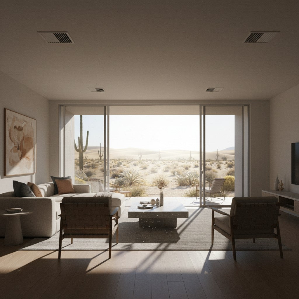 A modern living room features large sliding glass doors standing wide open to a bright, sun-drenched desert landscape filled with cacti.