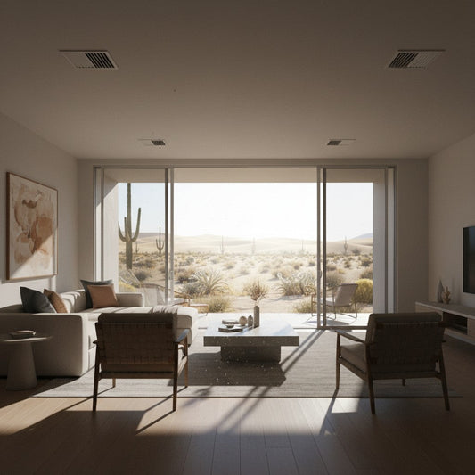 A modern living room features large sliding glass doors standing wide open to a bright, sun-drenched desert landscape filled with cacti.