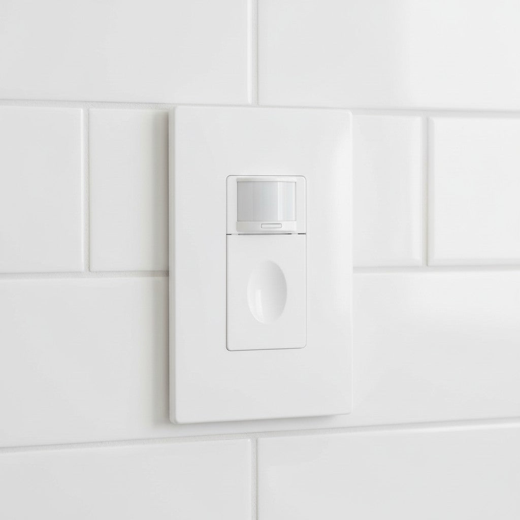 A rectangular white light switch features a semi-transparent sensor lens and a flush manual button mounted on a tiled wall. Soft daylight highlights the clean edges of the faceplate and the modern sensor window.