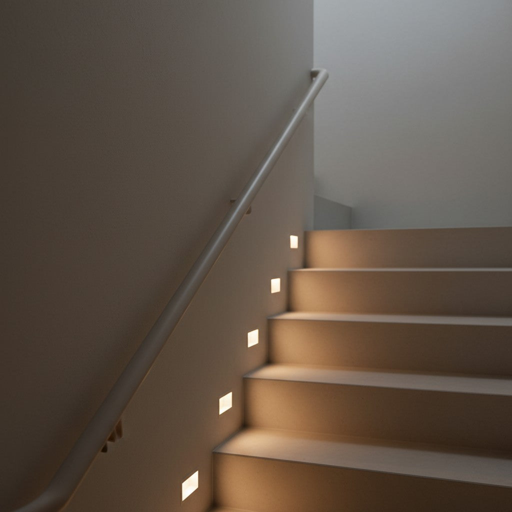 A side profile view of a staircase features warm light casting soft glows on the treads against a textured gray wall. The architectural details remain slightly out of focus.