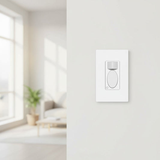 A rectangular white motion sensor light switch is mounted flush against a pristine white wall. The device features a visible sensor lens and matte finish, set against a blurred modern living room background.