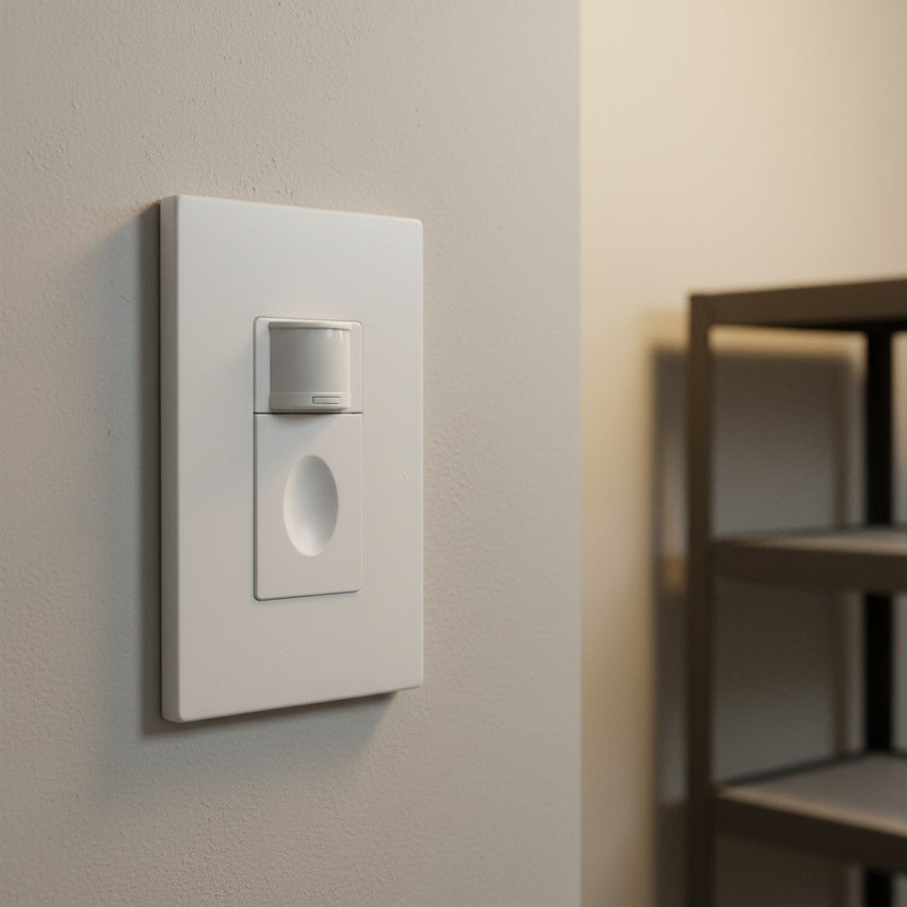 A white decorator-style light switch with a central motion sensor lens is mounted on a grey drywall surface.