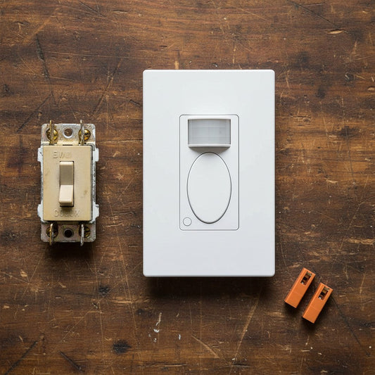 A pristine white motion sensor paddle switch sits on a wooden workbench next to a dirty, yellowed vintage toggle switch and wire connectors.
