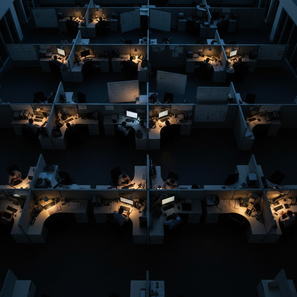 A high-angle wide shot looks down into a maze of gray fabric-wrapped cubicles in a modern office at twilight. Desk lamps cast warm pools of light while the general overhead lighting is turned off.