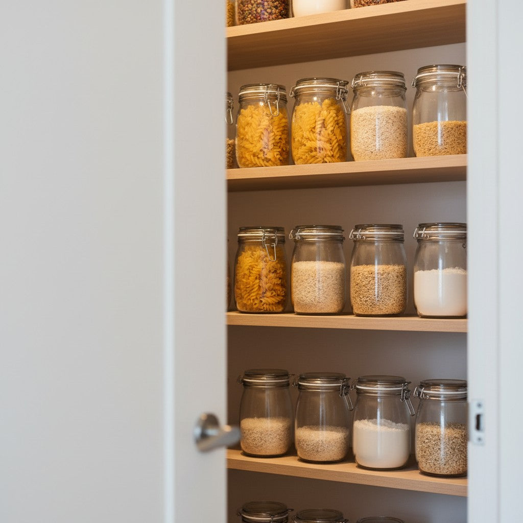Wooden shelves in a well-lit pantry hold uniform glass jars filled with dry goods, viewed through a blurred doorway.