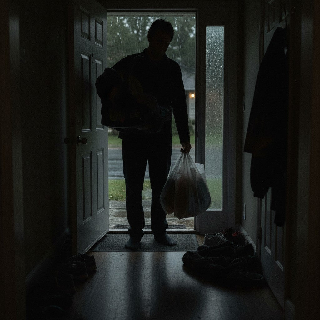 A silhouetted figure stands in an open doorway at night holding heavy grocery bags and an infant car seat against a rainy backdrop. The interior hallway is dark, highlighting the difficulty of navigating without light.