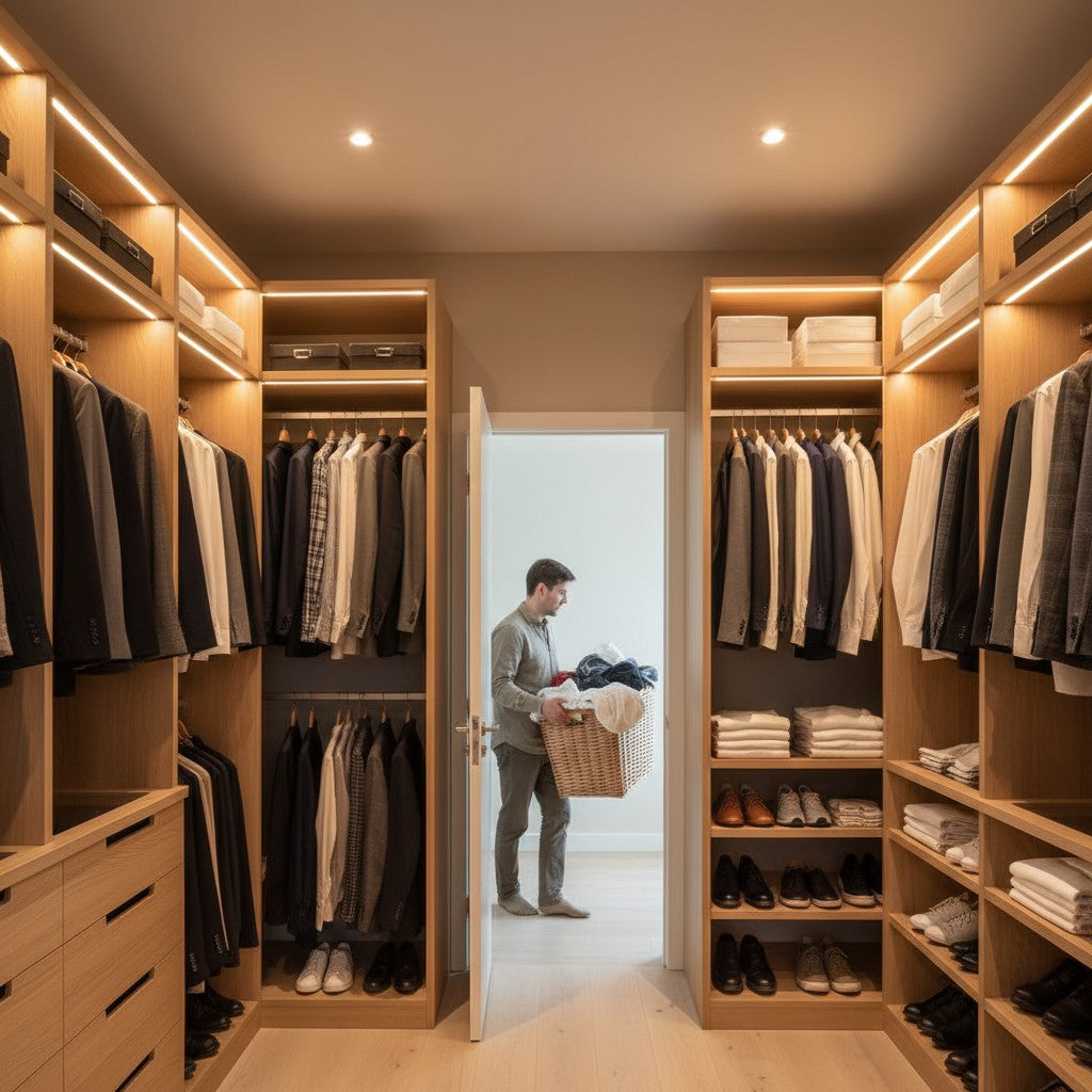 A person walks into a modern walk-in closet holding a large wicker laundry hamper with both hands. The closet interior is brightly illuminated with warm light, showcasing wooden shelving and hanging clothes.