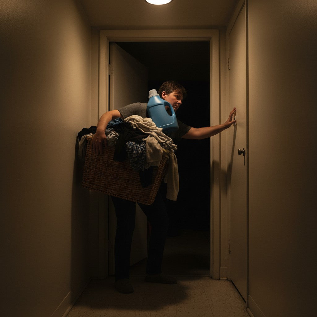 A person balances a heavy laundry basket and detergent while reaching into a dark doorway for a light switch.