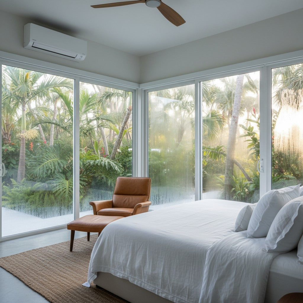 A modern bedroom features cool white linens and a ductless mini-split air conditioner mounted above glass sliding doors. Condensation forms on the exterior of the glass, blurring the view of lush palm trees and highlighting the humidity difference.