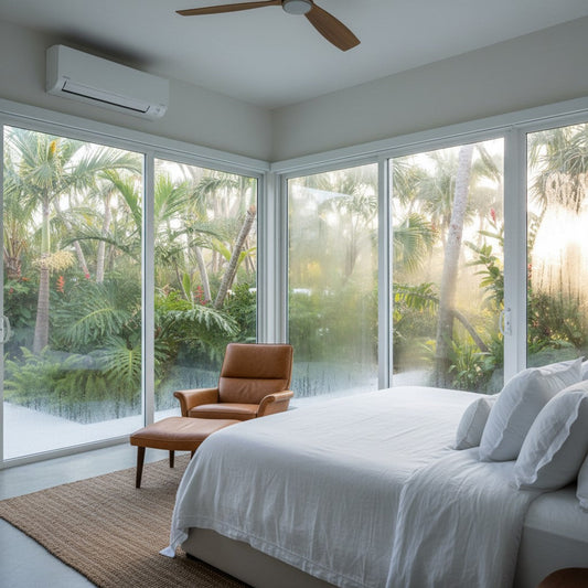 A modern bedroom features cool white linens and a ductless mini-split air conditioner mounted above glass sliding doors. Condensation forms on the exterior of the glass, blurring the view of lush palm trees and highlighting the humidity difference.