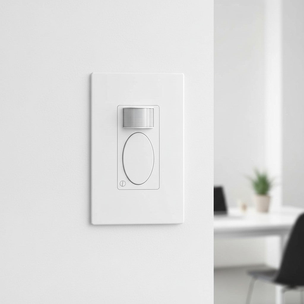 A rectangular white motion sensor switch is mounted flush against a painted wall in an office setting. The central lens detects movement to control room lighting automatically.