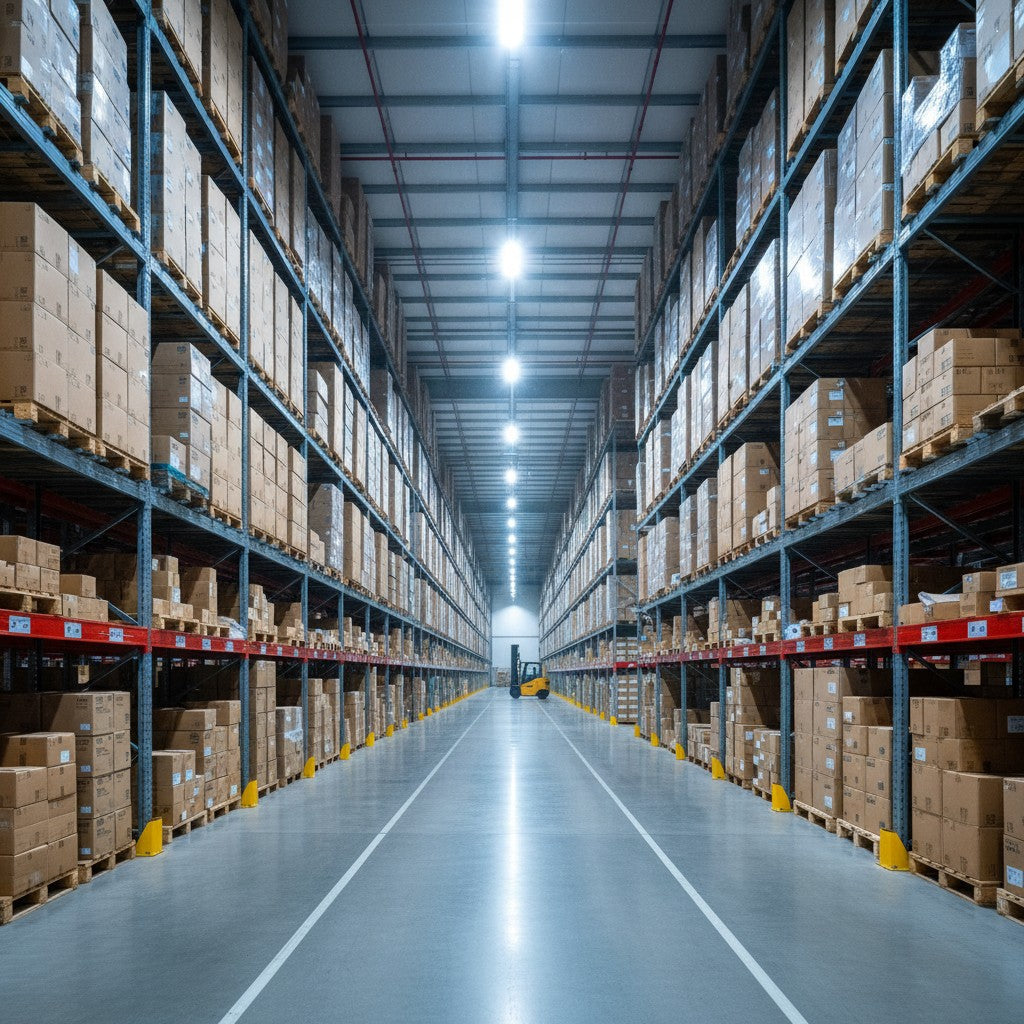 A central warehouse aisle is brightly lit by high-bay LED fixtures while adjacent aisles remain dimly illuminated to conserve energy. A yellow forklift operates in the distance on the polished concrete floor.