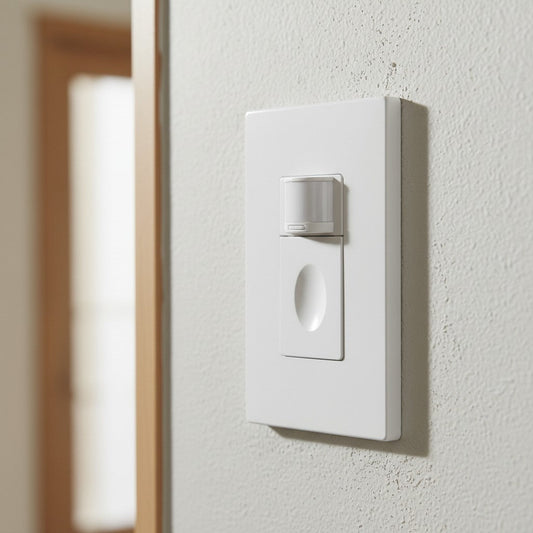 A close-up view shows a white paddle light switch with a central motion sensor lens installed on a textured grey wall.