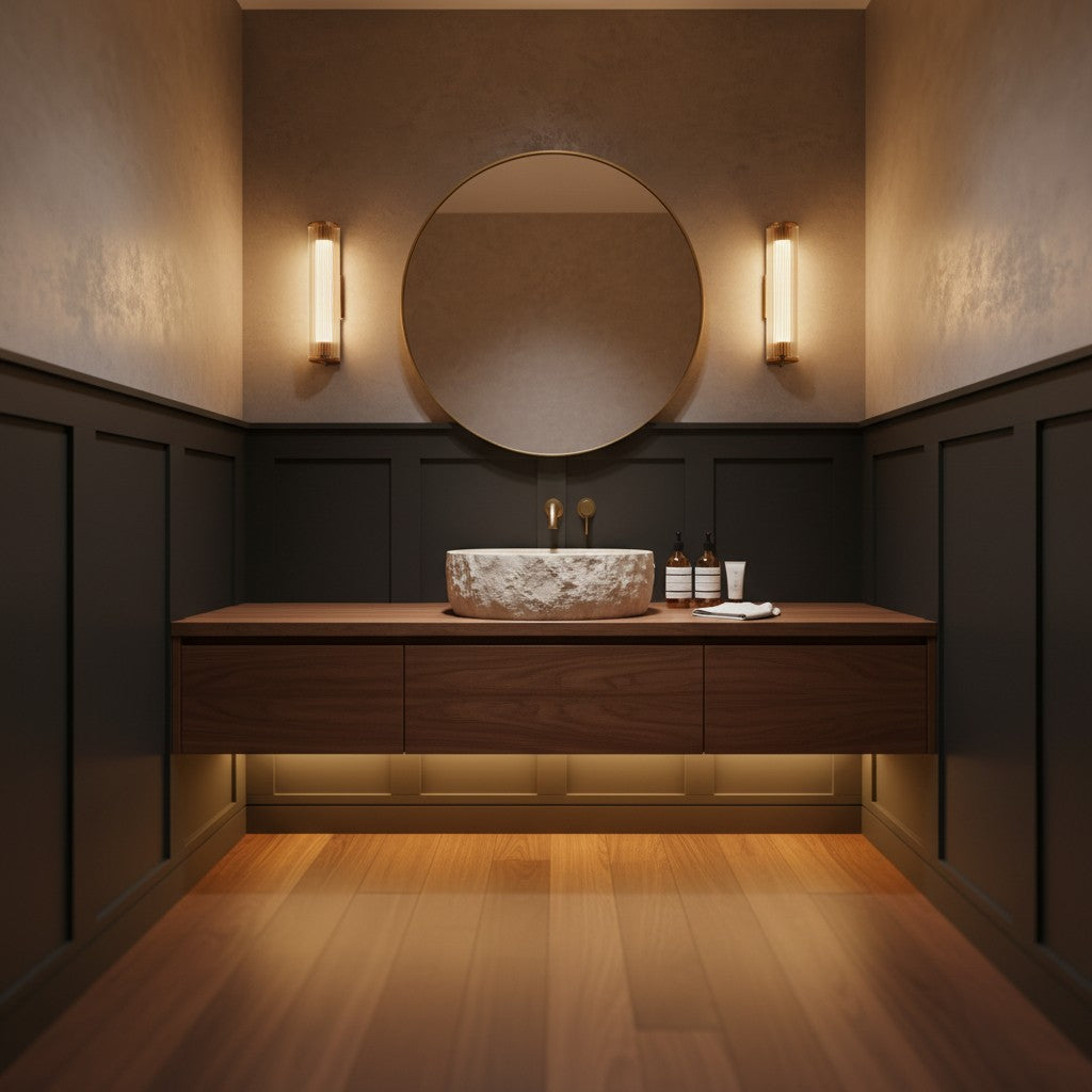 A windowless powder room features dark wainscoting, a floating walnut vanity, and a stone sink lit by warm hidden LEDs. The upper center area remains open with soft lighting.