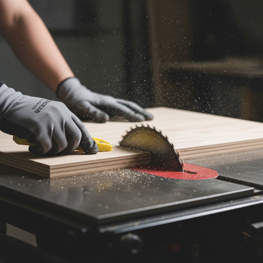 Hands guide a sheet of layered plywood through a spinning table saw blade using a safety push stick as sawdust particles fly into the air.