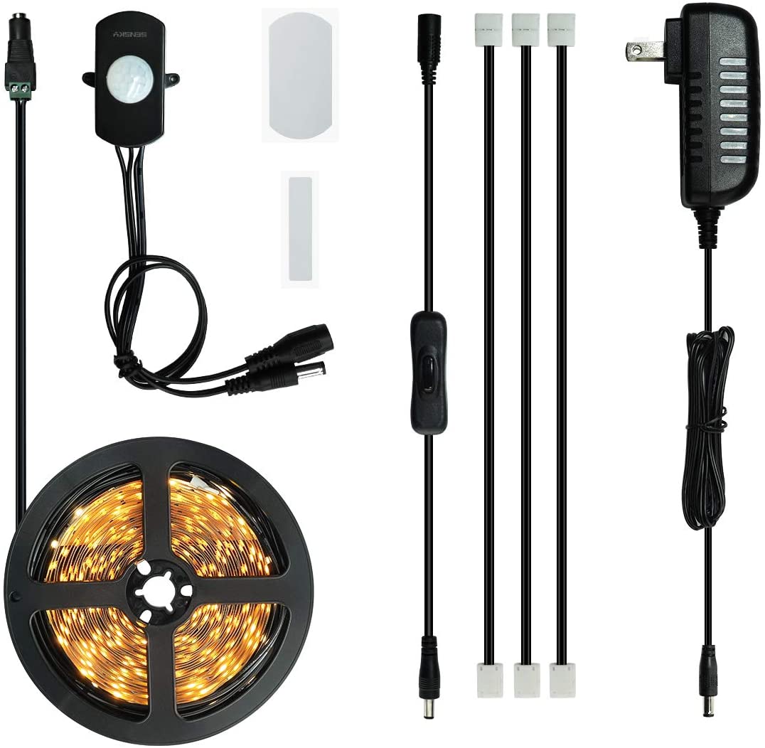 Rayzeek Dimmable PIR Motion Sensor LED Strip Lighting with US Adapter, 6M Warm White